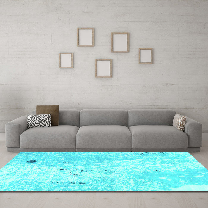 Machine Washable Abstract Turquoise Modern Area Rugs in a Living Room,, wshabs1002turq