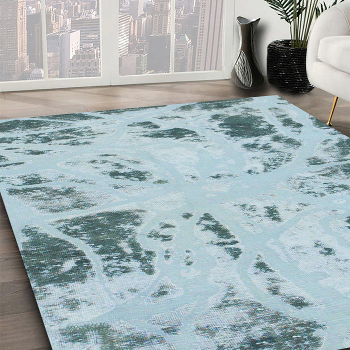 Machine Washable Abstract Cadet Blue Green Rug in a Family Room, wshabs1003