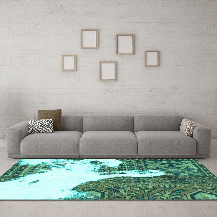 Machine Washable Oriental Turquoise Modern Area Rugs in a Living Room,, wshabs1005turq