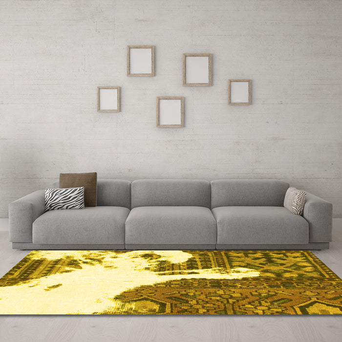 Machine Washable Oriental Yellow Modern Rug in a Living Room, wshabs1005yw