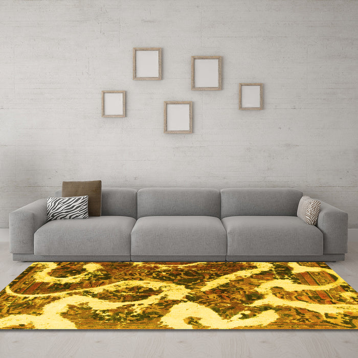 Machine Washable Oriental Yellow Modern Rug in a Living Room, wshabs1008yw