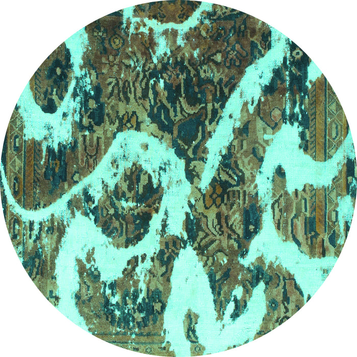 Round Machine Washable Oriental Turquoise Modern Area Rugs, wshabs1008turq