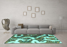 Machine Washable Oriental Turquoise Modern Area Rugs in a Living Room,, wshabs1008turq