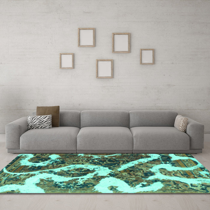 Machine Washable Oriental Turquoise Modern Area Rugs in a Living Room,, wshabs1008turq