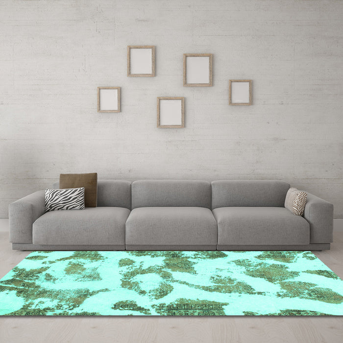 Machine Washable Oriental Turquoise Modern Area Rugs in a Living Room,, wshabs1009turq