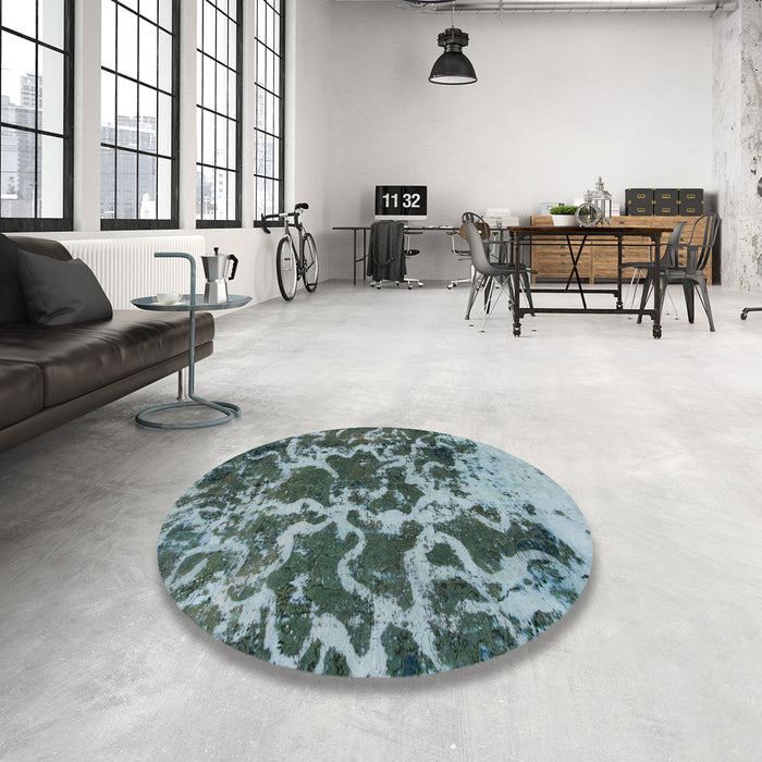 Round Machine Washable Abstract Columbia Blue Rug in a Office, wshabs1012