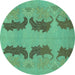 Round Machine Washable Oriental Turquoise Modern Area Rugs, wshabs1016turq