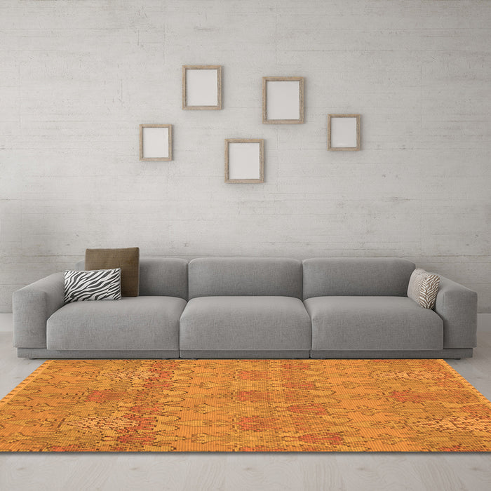 Machine Washable Abstract Orange Modern Area Rugs in a Living Room, wshabs1017org