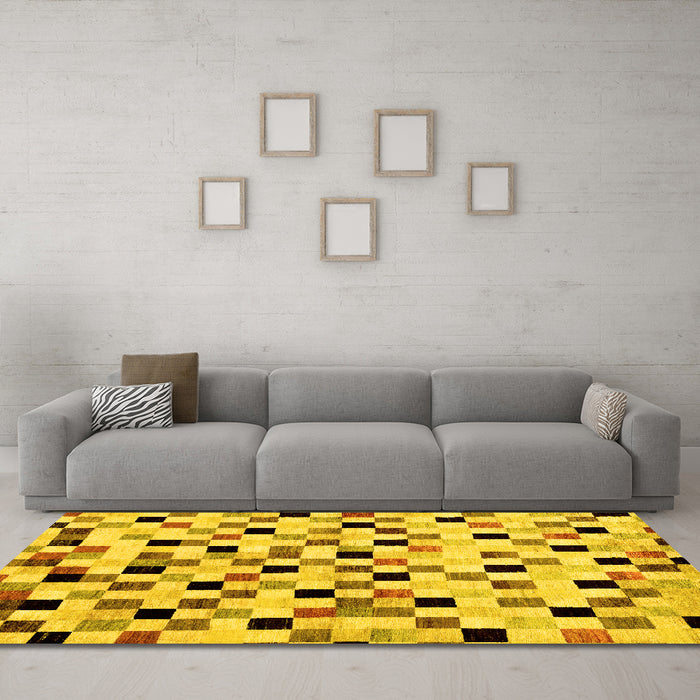 Machine Washable Checkered Yellow Modern Rug in a Living Room, wshabs101yw