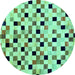 Round Machine Washable Checkered Turquoise Modern Area Rugs, wshabs101turq