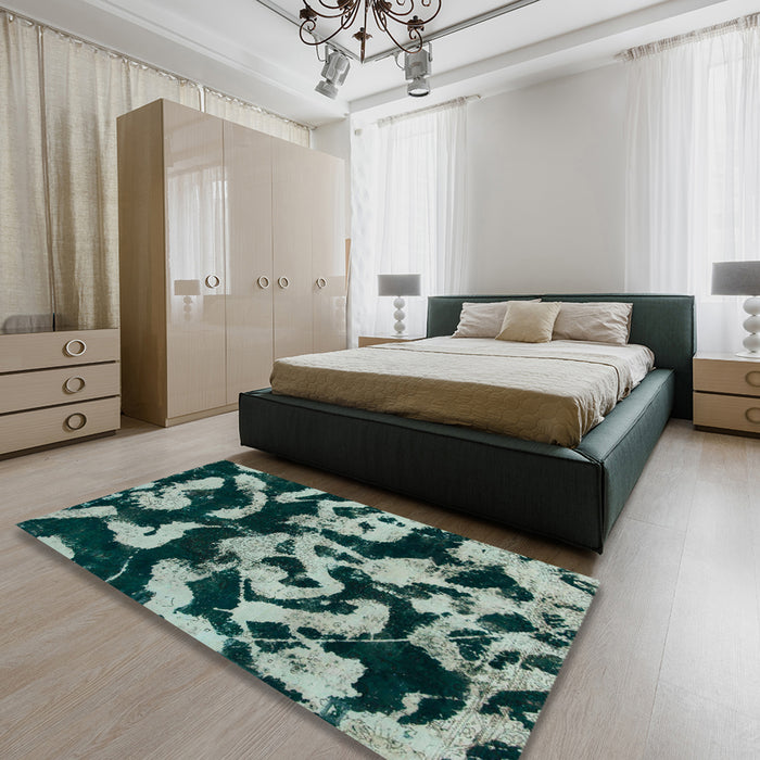 Round Abstract Dark Sea Green Modern Rug in a Office, abs1020