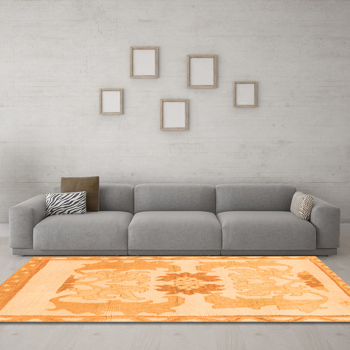 Machine Washable Abstract Orange Modern Area Rugs in a Living Room, wshabs1025org