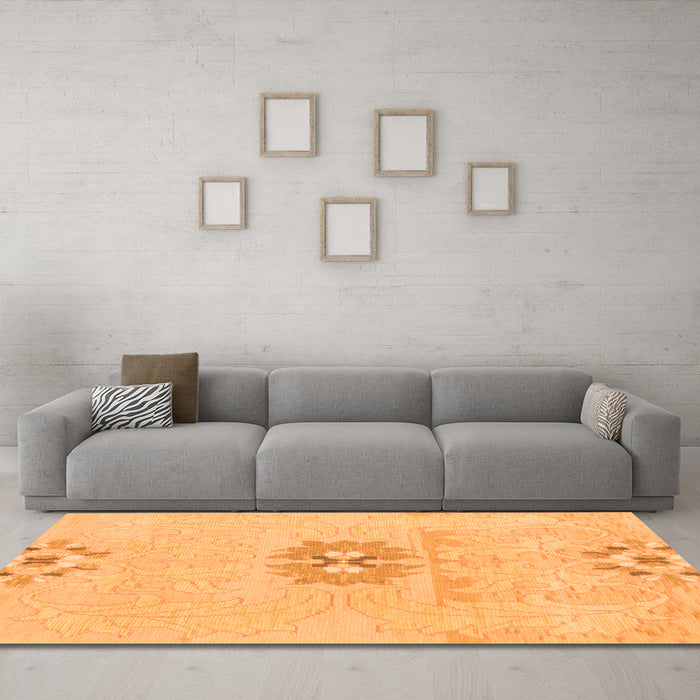 Machine Washable Abstract Orange Modern Area Rugs in a Living Room, wshabs1027org