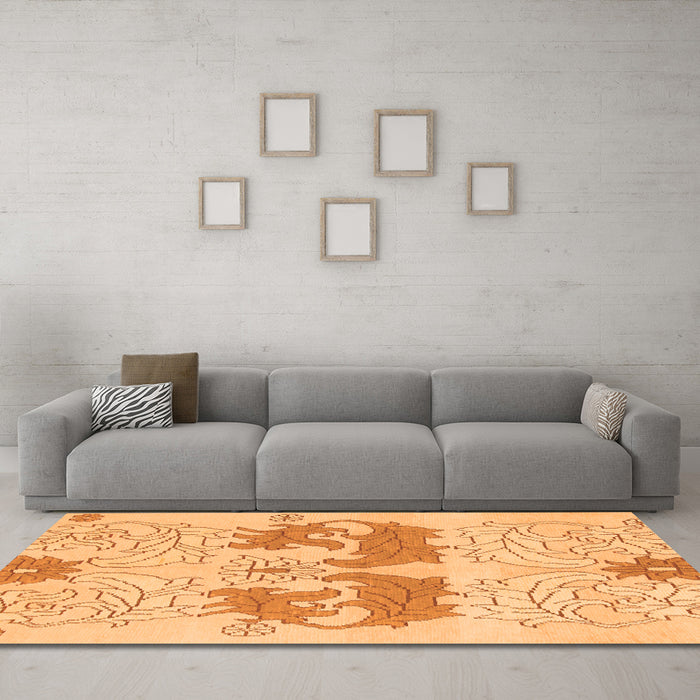Machine Washable Abstract Orange Modern Area Rugs in a Living Room, wshabs1028org