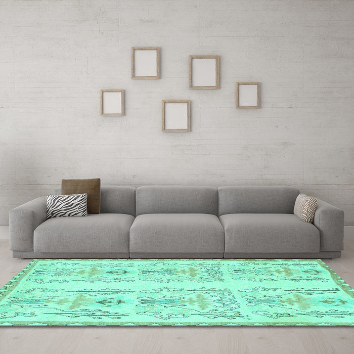 Machine Washable Abstract Turquoise Modern Area Rugs in a Living Room,, wshabs1034turq