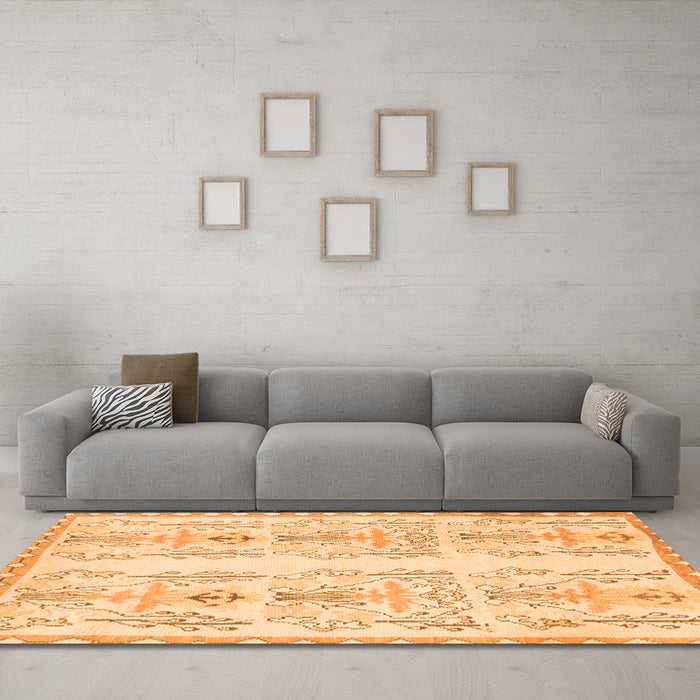 Machine Washable Abstract Orange Modern Area Rugs in a Living Room, wshabs1034org