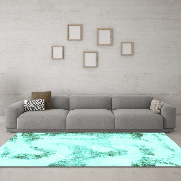 Machine Washable Abstract Turquoise Modern Area Rugs in a Living Room,, wshabs1039turq