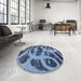 Round Machine Washable Abstract Denim Blue Rug in a Office, wshabs1042