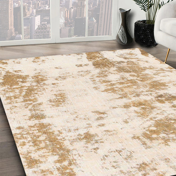 Round Abstract Peach Puff Gold Modern Rug in a Office, abs1043
