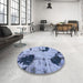 Round Machine Washable Abstract Azure Blue Rug in a Office, wshabs1044