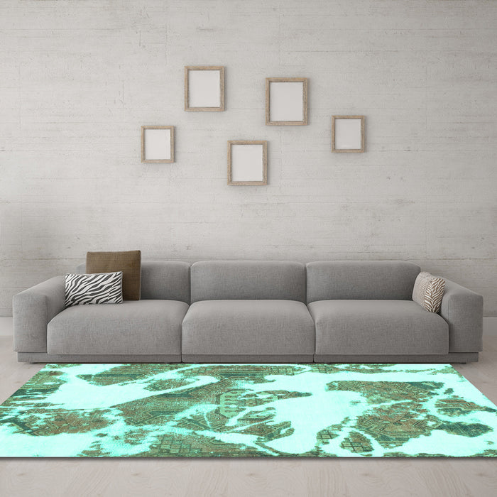 Machine Washable Abstract Turquoise Modern Area Rugs in a Living Room,, wshabs1047turq
