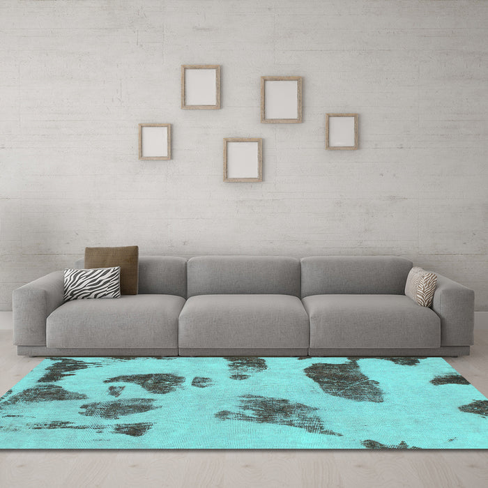 Machine Washable Abstract Turquoise Modern Area Rugs in a Living Room,, wshabs1049turq