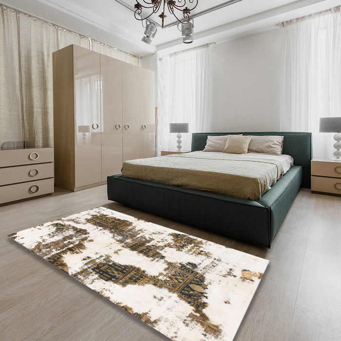 Round Abstract Dark Almond Brown Modern Rug in a Office, abs1056