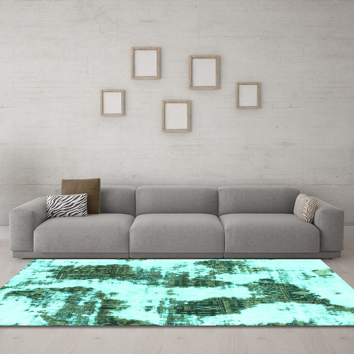 Machine Washable Abstract Turquoise Modern Area Rugs in a Living Room,, wshabs1056turq