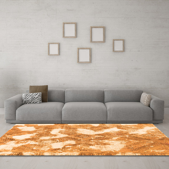 Machine Washable Abstract Orange Modern Area Rugs in a Living Room, wshabs1058org