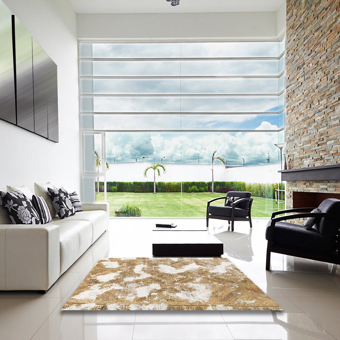 Square Abstract Bronze Brown Modern Rug in a Living Room, abs1058