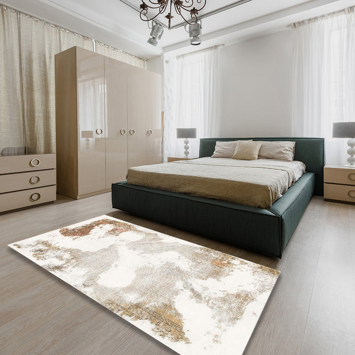 Machine Washable Abstract Off White Beige Rug in a Bedroom, wshabs1059