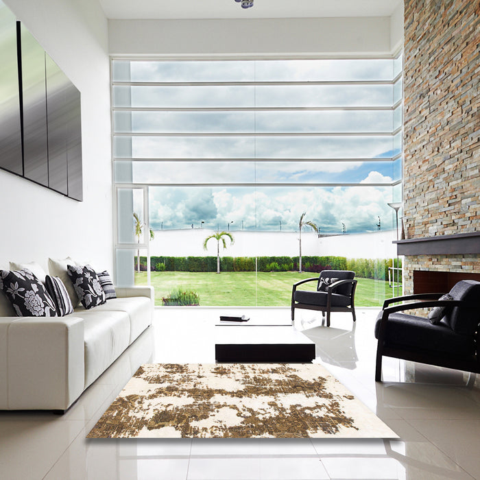 Square Abstract Blanched Almond Beige Modern Rug in a Living Room, abs1063