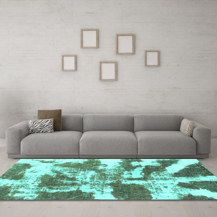 Machine Washable Abstract Turquoise Modern Area Rugs in a Living Room,, wshabs1070turq