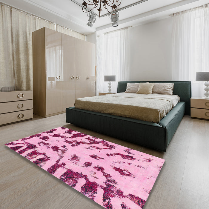 Square Abstract Pink Modern Rug in a Living Room, abs1073