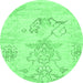 Round Machine Washable Abstract Emerald Green Modern Area Rugs, wshabs1074emgrn