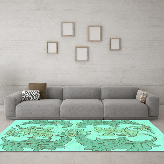 Machine Washable Abstract Turquoise Modern Area Rugs in a Living Room,, wshabs1082turq