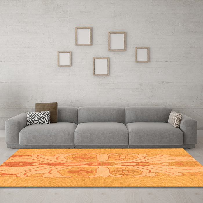 Machine Washable Abstract Orange Modern Area Rugs in a Living Room, wshabs1085org