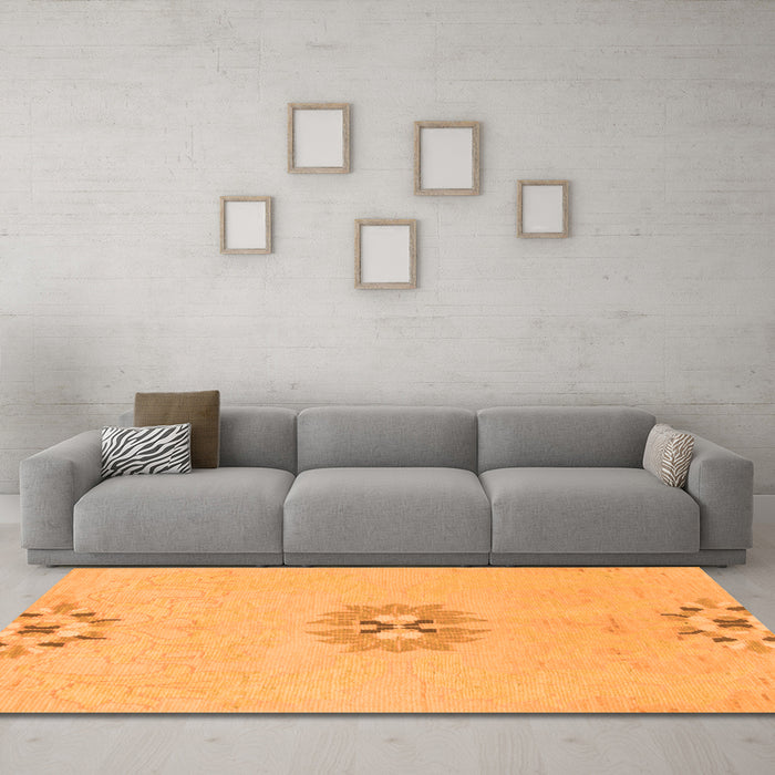 Machine Washable Abstract Orange Modern Area Rugs in a Living Room, wshabs1086org