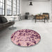 Round Machine Washable Abstract Pink Daisy Pink Rug in a Office, wshabs1088