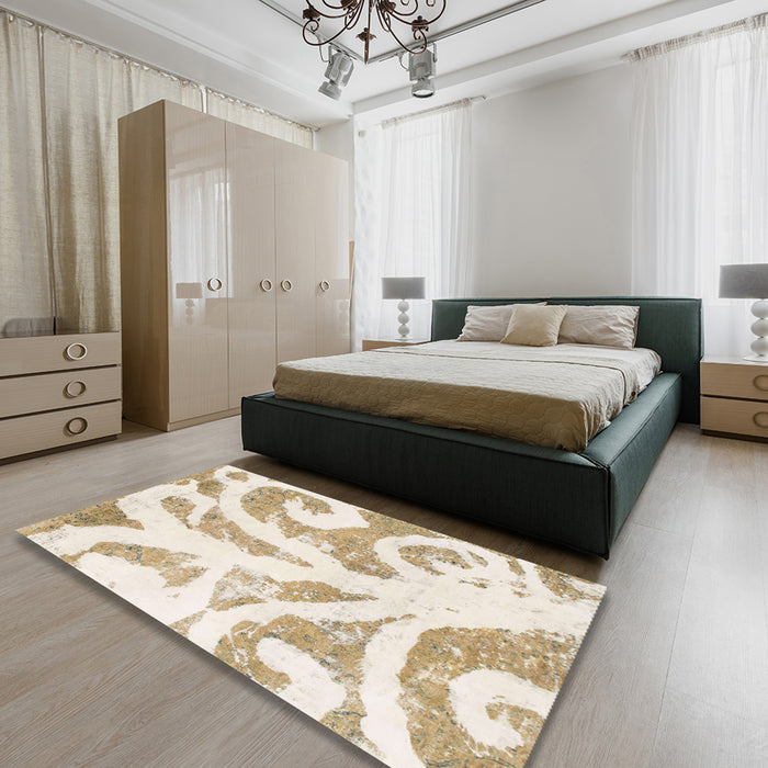 Machine Washable Abstract Champagne Beige Rug in a Bedroom, wshabs1093