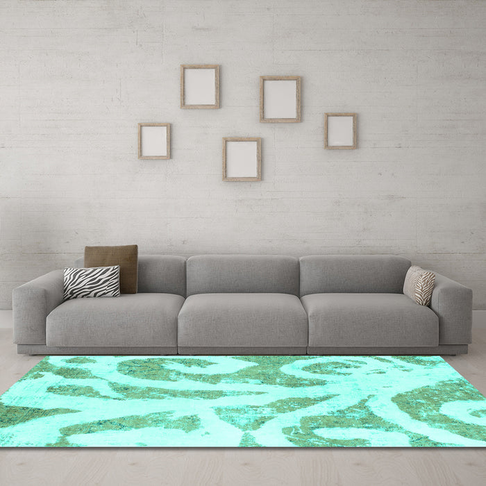 Machine Washable Abstract Turquoise Modern Area Rugs in a Living Room,, wshabs1093turq
