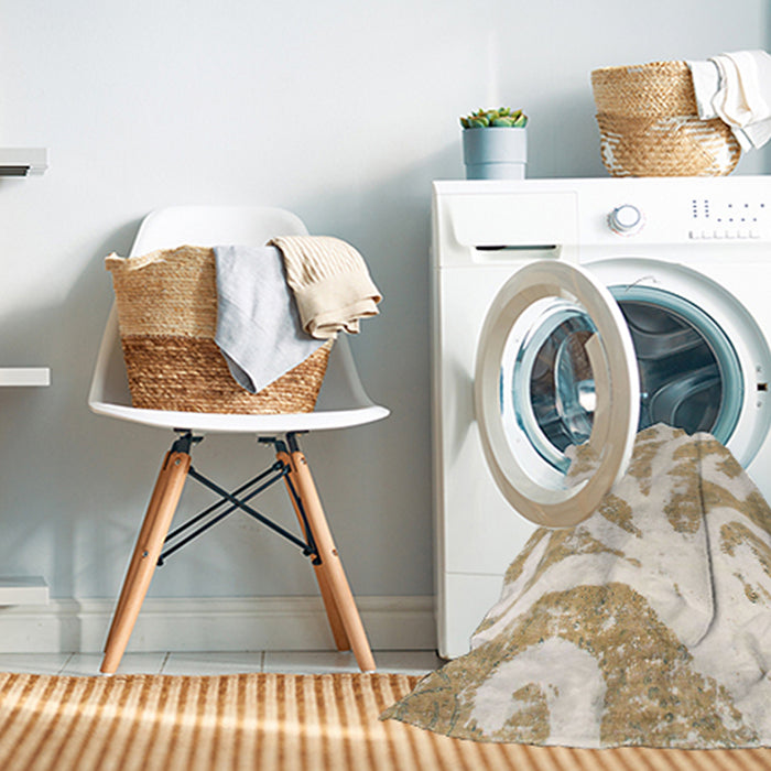 Machine Washable Abstract Champagne Beige Rug in a Washing Machine, wshabs1093