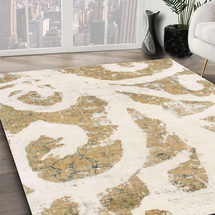 Machine Washable Abstract Champagne Beige Rug in a Family Room, wshabs1093