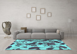 Machine Washable Abstract Turquoise Modern Area Rugs in a Living Room,, wshabs1095turq