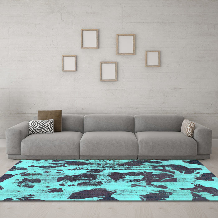 Machine Washable Abstract Turquoise Modern Area Rugs in a Living Room,, wshabs1095turq