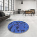 Round Machine Washable Abstract Sapphire Blue Rug in a Office, wshabs1116