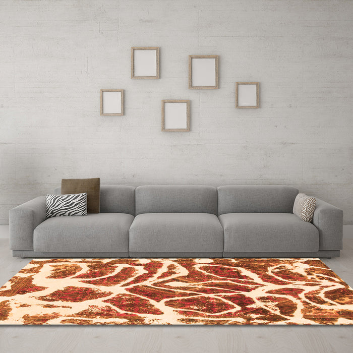 Machine Washable Abstract Orange Modern Area Rugs in a Living Room, wshabs1119org