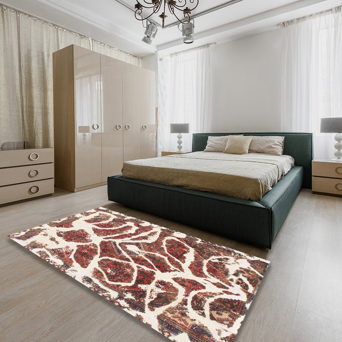 Round Abstract Brown Red Modern Rug in a Office, abs1119