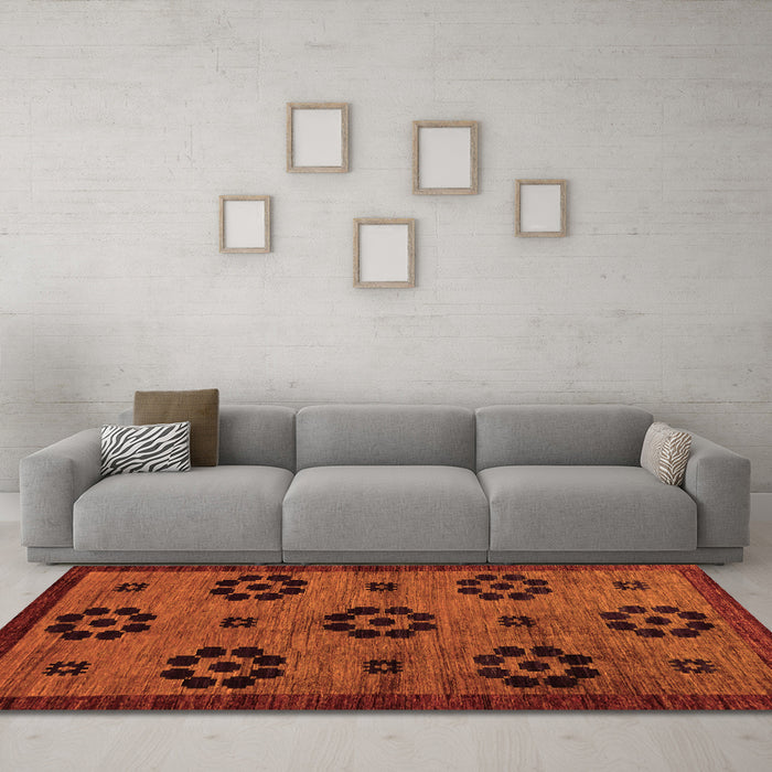 Machine Washable Abstract Orange Modern Area Rugs in a Living Room, wshabs113org