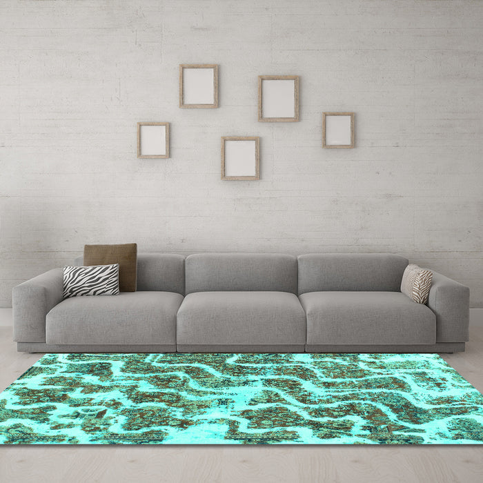 Machine Washable Abstract Turquoise Modern Area Rugs in a Living Room,, wshabs1141turq